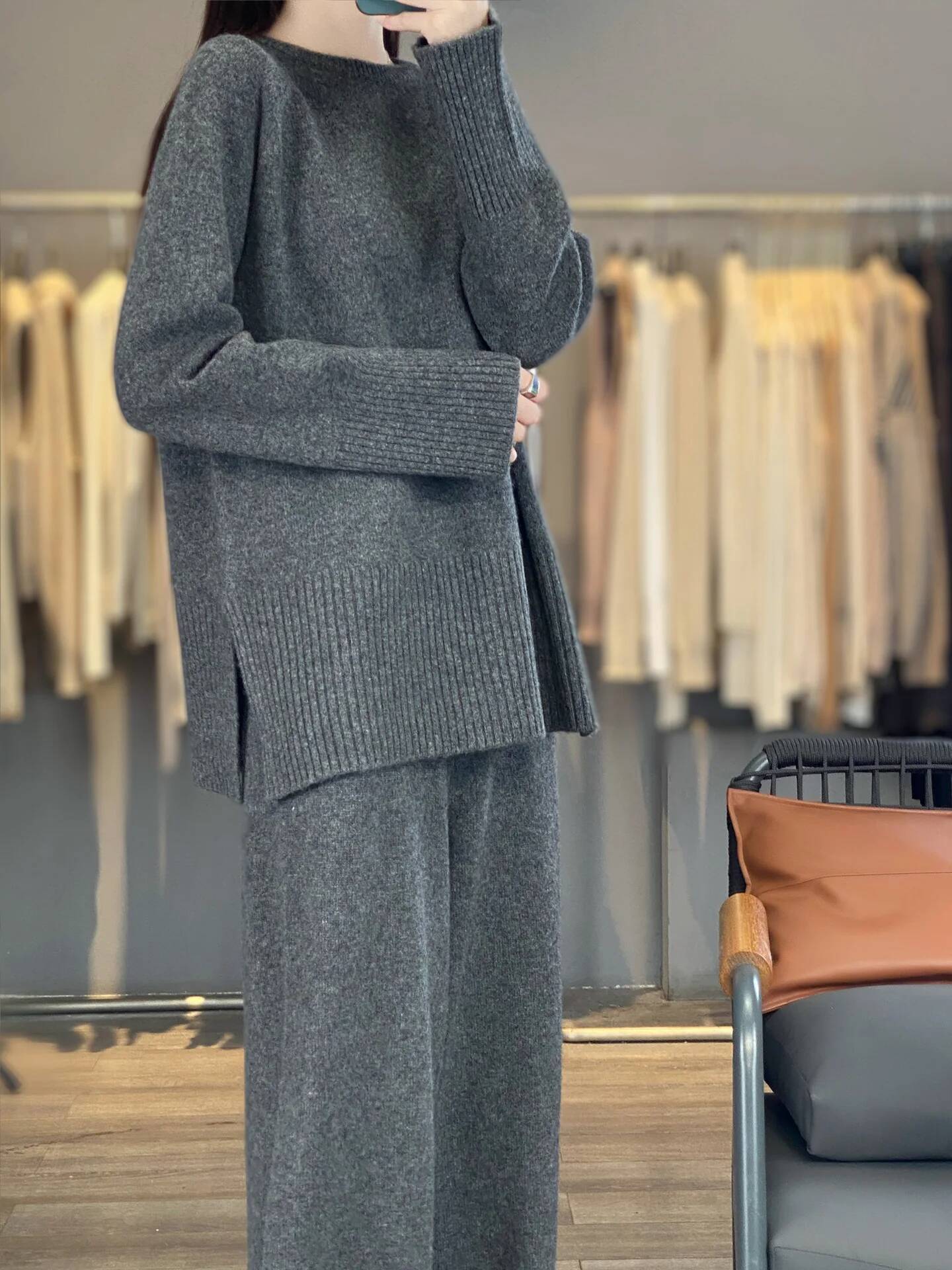 Autumn And Winter Round Neck Thickened Split Thread Knitted Sweater Wide Leg Pants Two-Piece Women's Loose Cashmere Suit