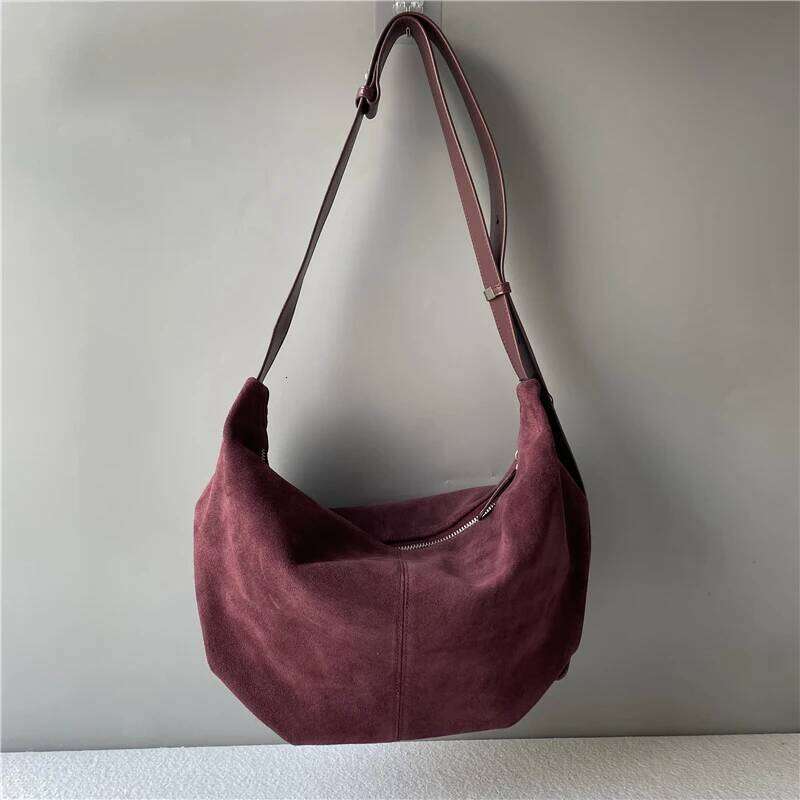 New 2025 Winter Russia Style Camel Deep Red Armpit Underarm Shoulder Matting Suede Cow Leather Female Crossbody Bag