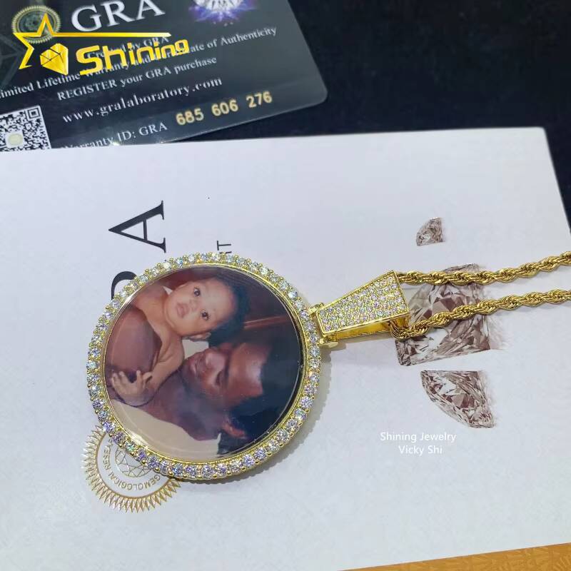 Ready to Ship Hip Hop Pendant 925 Silver Gold Plated Vvs Moissanite Diamond Memory Photo Pendant Custom Moissanite Pendant