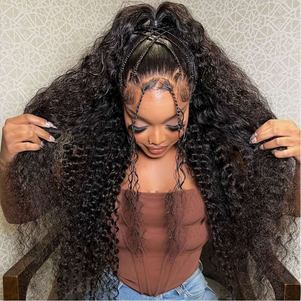 200% Density Frontal Long Deep Wig Synthetic Heat Resistant Fiber Hair Premium Curly Natural Black 13*4 Hairpiece For Women With HD Transparent Lace W