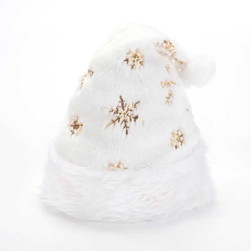 2025 NEW 3240cm White Plush Christmas Hat Gold Silver Beads Embroidered Adult Christmas Hat Holiday Home DecorationsW251027