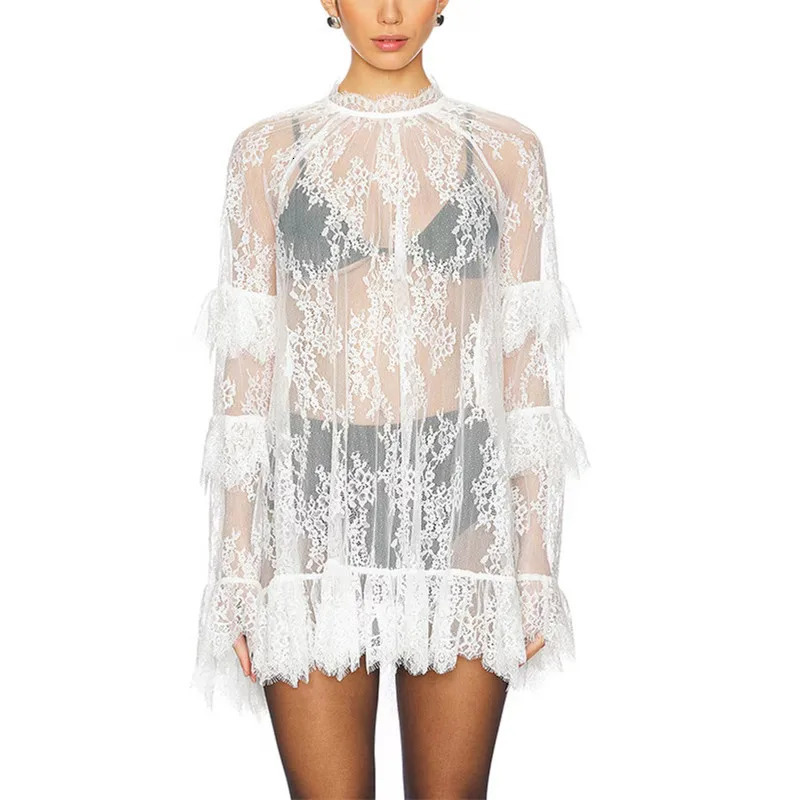 hirigin Women Lace Sheer Dress Sexy See Through Mesh Long Sleeve High Neck Floral Cover Up Cocktail Party Mini Dresses 251027