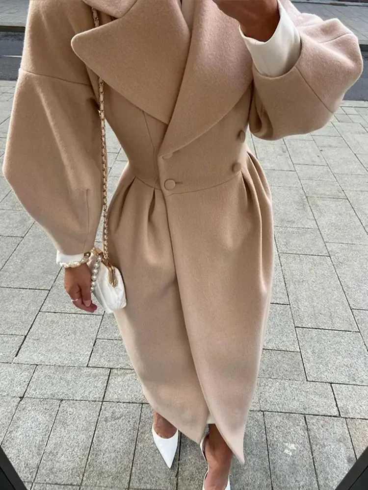 Women Lapel Lantern Sleeve Long Jackets Solid Double Breasted Waist Fold Woolen Coat Winter Thick Warm Female Elegant Outwear M251027
