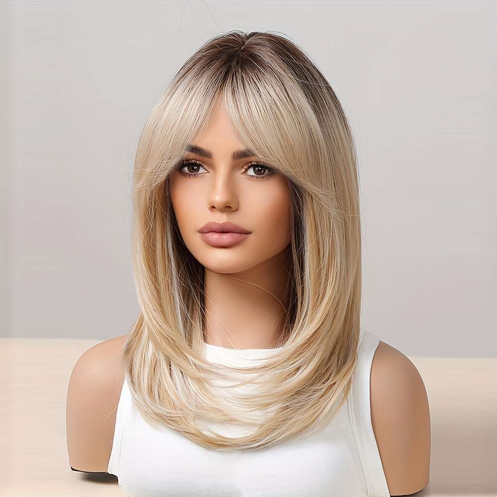 18-Inch Blonde Layered Wig With Bangs - Chic Women's Curly Wave Synthetic Hair, Dark Roots, Rose Net Cap, High-Temperature Fiber