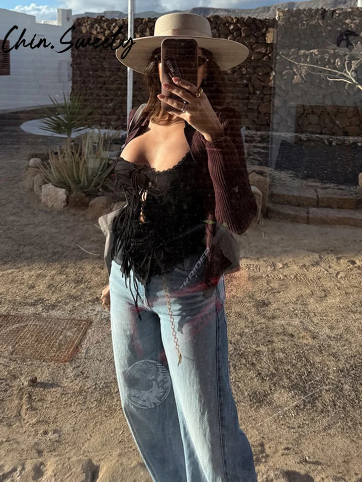 Elegant Lace Up Ruffles Women Vest Beach See Through Hollow Out Sling Slash Neck Female Top 2025 Summer Fashion Lady Clothes 251027