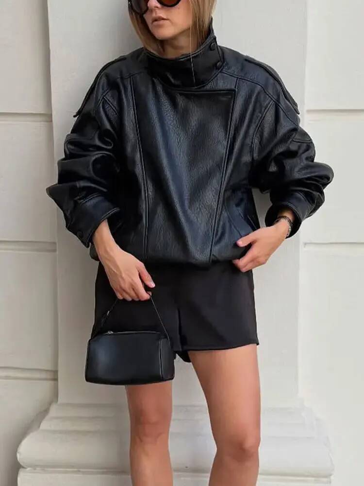 winter jacket women Women's Faux Leather Jacket Stand Collar Long Sleeves Loose Zipper Coats Lady Autumn High Street Woman Outerwear