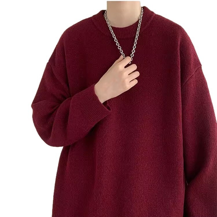 Fleece-lined Thick Inner Layer Knitted Sweater Trendy Brand Men's Autumn Winter Loose Lazy Designer Sweater Style High-end Sweater