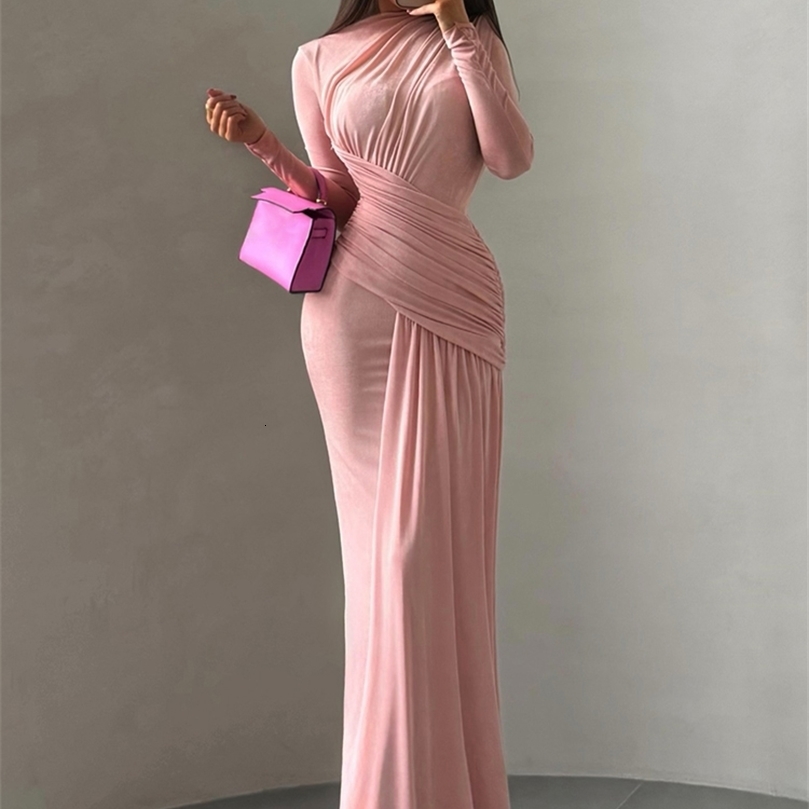 Nibber Folds Maxi Dress Women oNeck Full Sleeve Solid Banquet Elegant Vacation Fashion Autumn Skinny Casual Simple Vestidos 251022