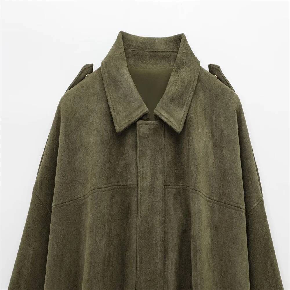 winter jacket women Women Faux Suede Collared Jacket with Shoulder Straps Loose Fit Stylish Olive Green for Sale on