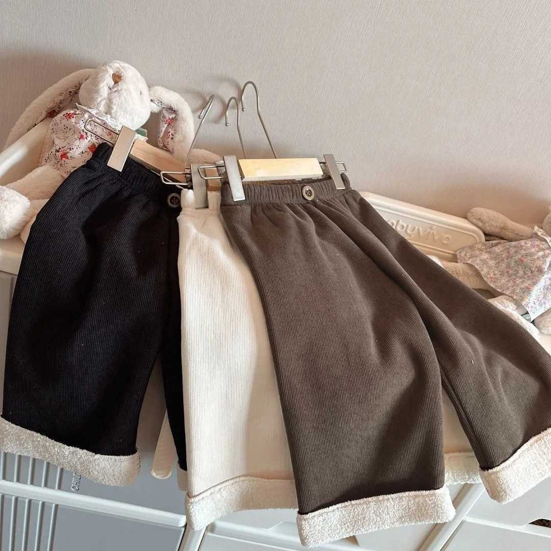 2025 Winter Childrens Clothing 18Y Kids Fleece Lined Corduroy Wide Leg Pants Solid Color Warm TrousersT251027