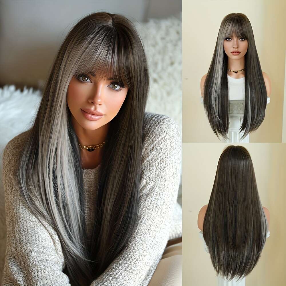 7Jhh WIGS Coffee Brown Heat Resistant Synthetic Hair, Natural Look For Everyday, Parties, Halloween Voluminous Straight Hairstyle With Rose Net Cap Wo