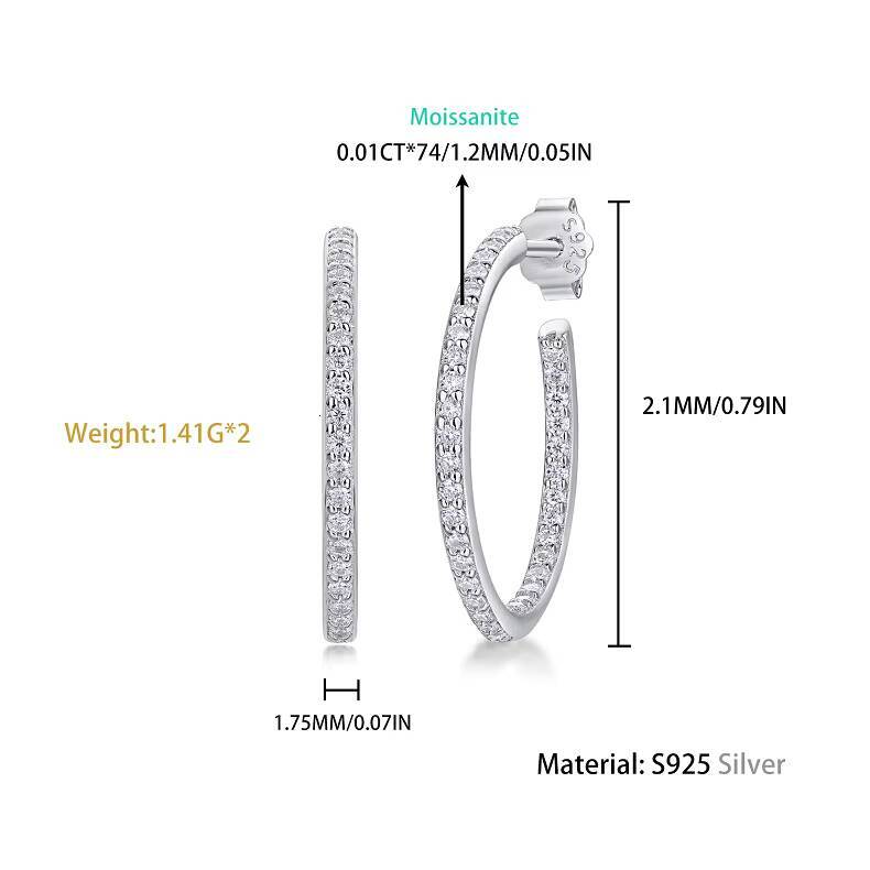 Classics Design Moissanite Earrings Silver Jewelry Big Cuff Hoop Huggies Earrings for Women