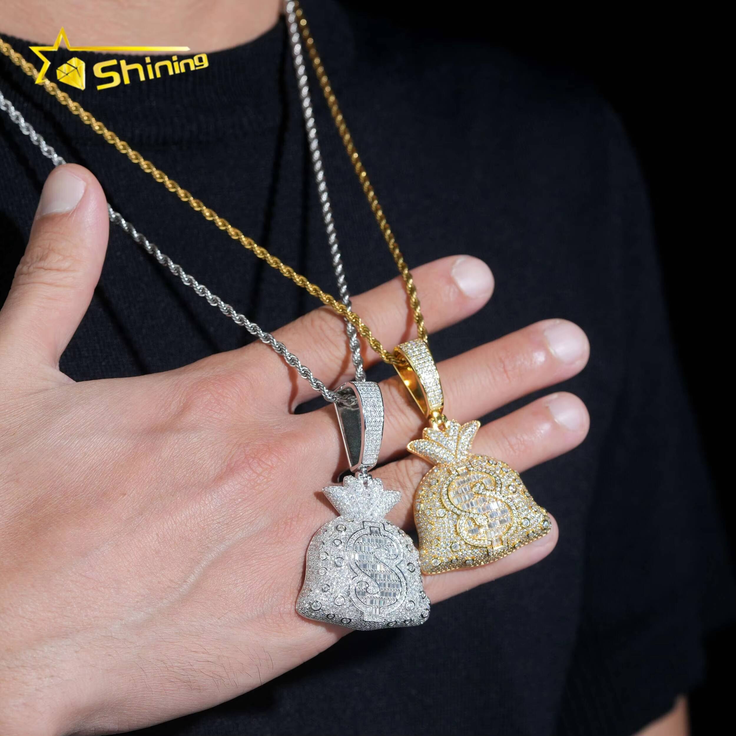 Iced Out Moissanite Dollar Symbol Charm 925 Sterling Silver Gold Plated Moneybag Moissanite Hip Hop Pendant