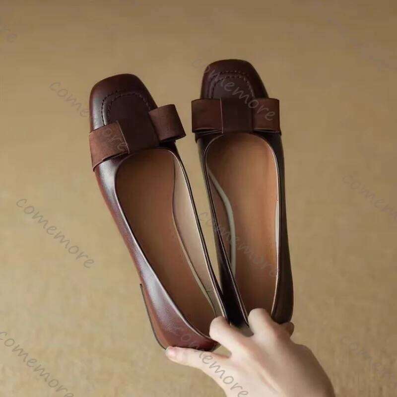 Comemore Spring Autumn Women's Bow Retro Middle Heel Single Square Head Leather Pumps Fashion Elegant Thick Heeled Shoes