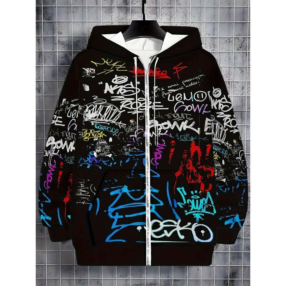 Men's Hooded Zip-Up Sweatshirt With Graffiti Print - Winter Jacket Long Sleeve Casual Sportswear, Regular Fit Hine Washable Urban Streetwear For 