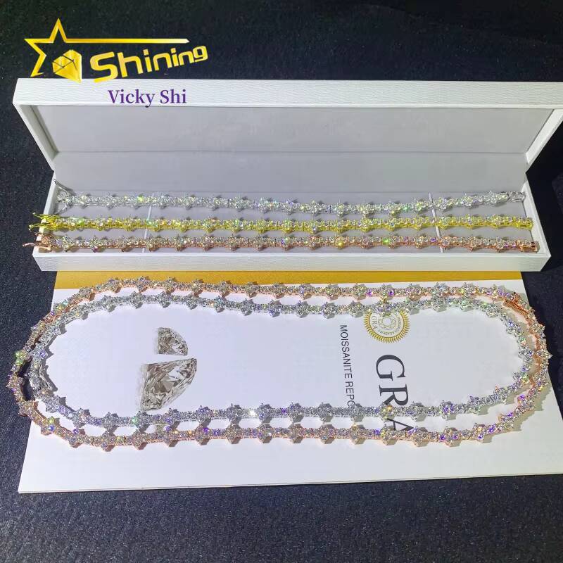 Worldwide Shipping Hip Hop Jewelry S925 Silver Gold Plated 3mm Cross Necklace VVS Moissanite Tennis Chain