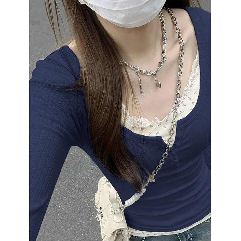 Xpqbb Women Streetwear Two Pieces Tshirt Y2k Aesthetic Grunge Patchwork Lace Tees Female Fall Winter Slim Bottoming Tops 251027