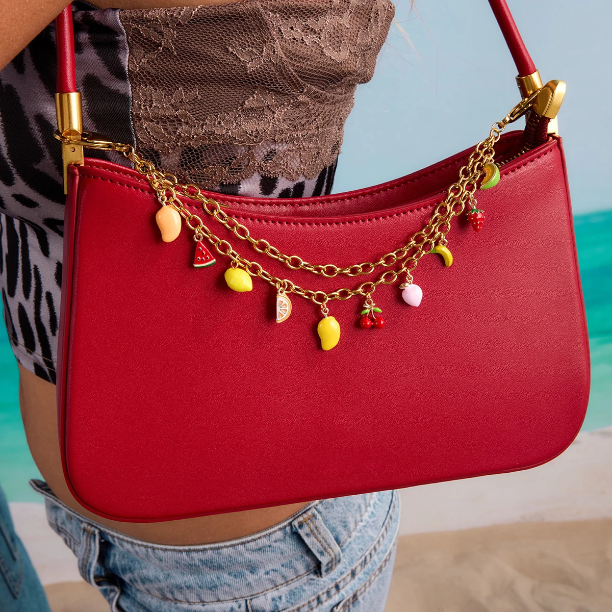 Zora Fashionable Fruit Heart Decorative Bag Pendant 18K Goldplated Stainless Steel Bag Decoration Key Chain for Daliy 251023