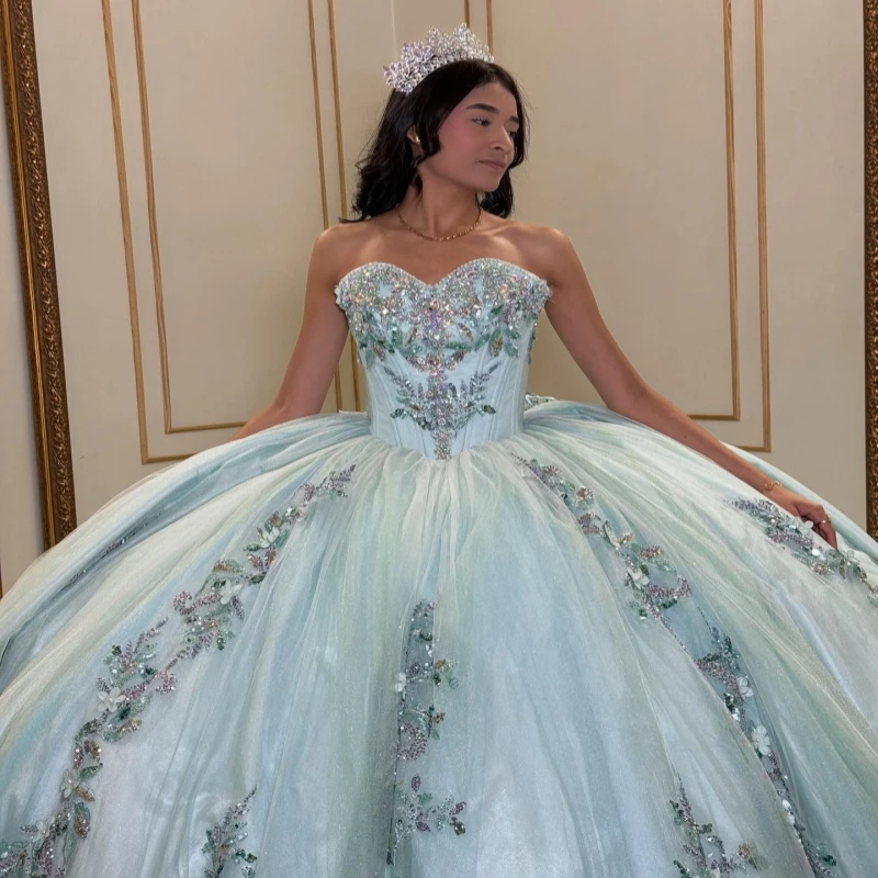 Aqua Blue Quinceanera Dresses Off The Shoulder Sequin Applique Lace Beads Tull Party Birthday Sweet 16 Dress Vestidos 15