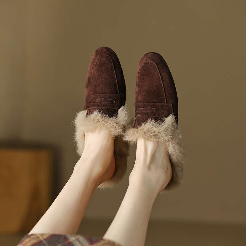Furry Slippers for Women, Outdoor Loafers, Lazy Half Slippers, French Genuine Leather Mules, Winter Versatile Single Shoes, Large Size