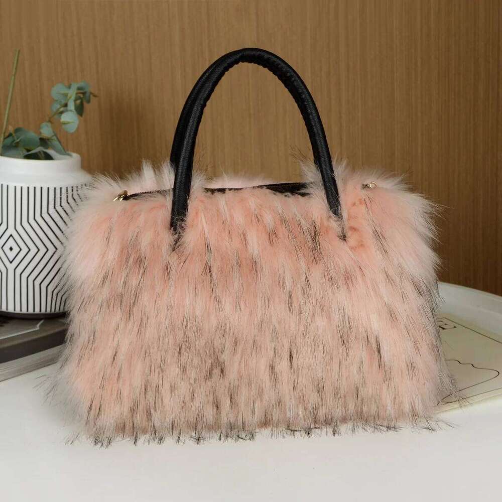 Autumn Winter Faux Fur Tote Bag For Women Rectangular Large Capacity Plush Handbags American Fashion High Street Crossbody Bags