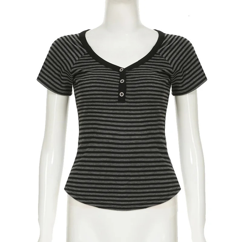 Goth Dark Casual Women Short Sleeve Striped Tshirts Y2K Fashion Vneck Buttonup TShirt Egirl Slim Basic Tops Mall Goth Cloth 251027