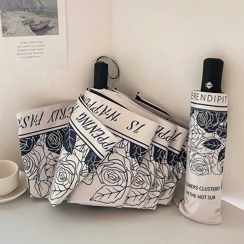 High Appearance Level Retro French Black and White with Girls Sunshade UV Triple Fold Automatic Clear Umbrella C251027