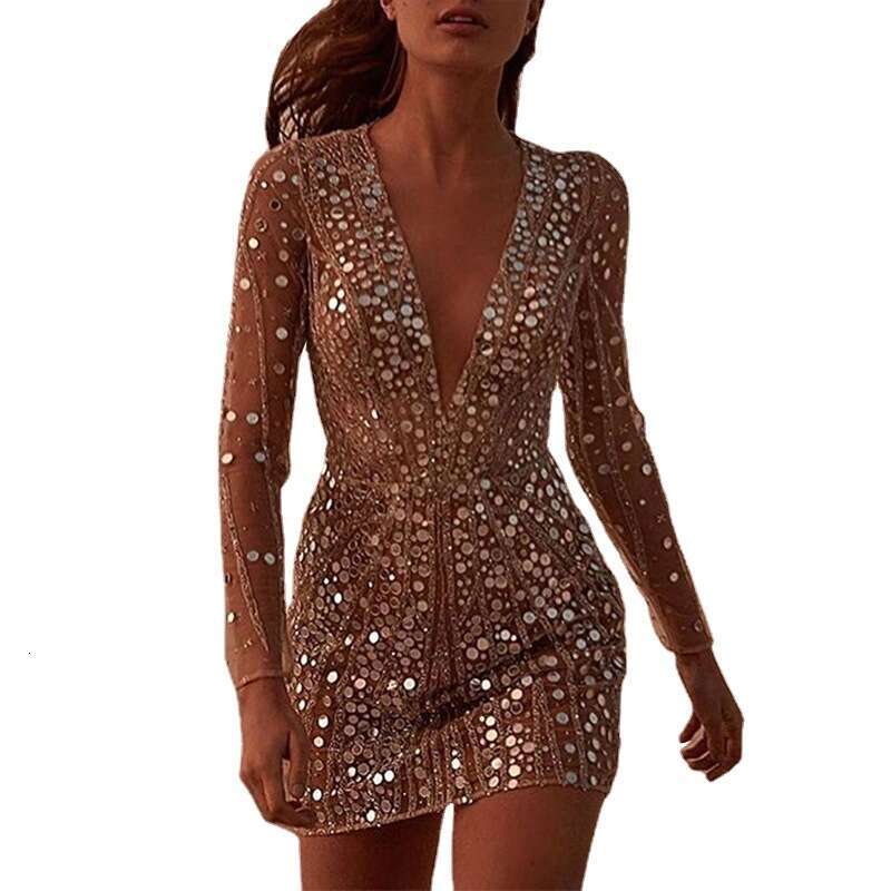 2025 Sexy Deep V-Neck Sheer Gold Sequin Bodycon Dress Long Sleeve Evening Gown Women's Autumn New Fashion