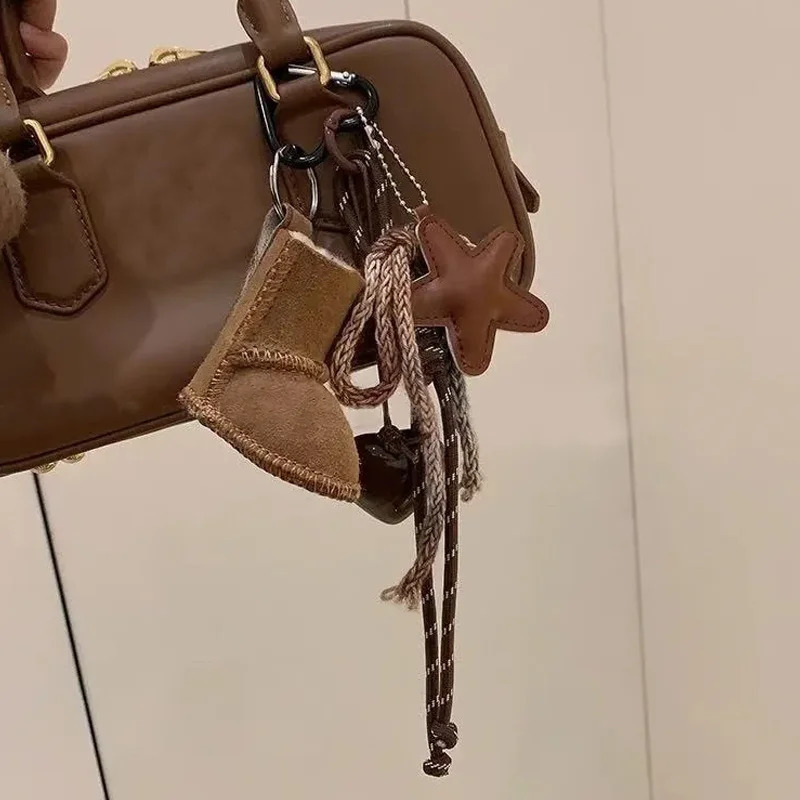 Y2k Vintage Brown Leather Star Heart Pendant Fashion Keychain Braided For Women Bag Pendant Charms 251023