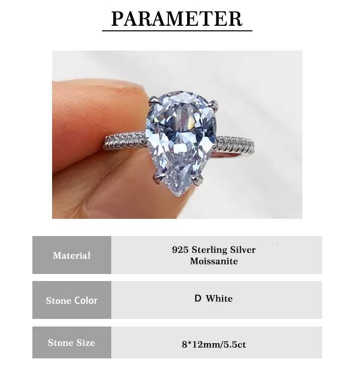 Luster 3carat Engagement 925 Sterling Silver Pear Moissanite Ring