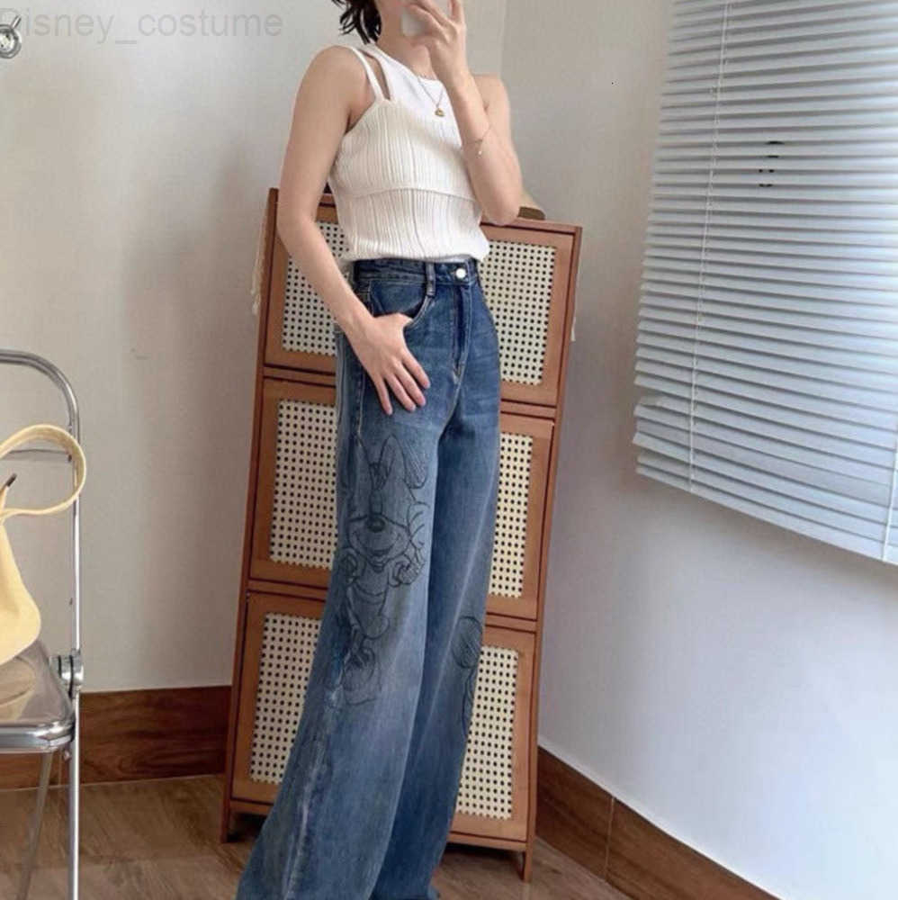 Disney Mickey Graffiti Print Loose Wide Leg Jeans Elastic High Waisted Straight Leg Pants Korean Version Fashion Versatile Pants H251027