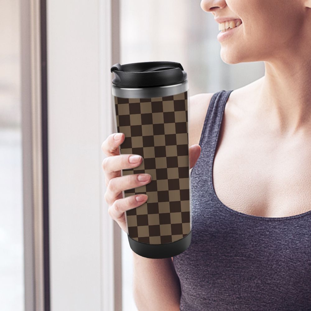 Luxury Stainless steel water cup designer travel mug with luxcury brown checkered pattern on the front
