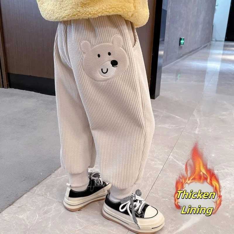 Thickened Fleece Winter Pants for Kids 16Y with Bear Patch Casual Warm Thermal Joggers for Baby Boys And GirlsT251027