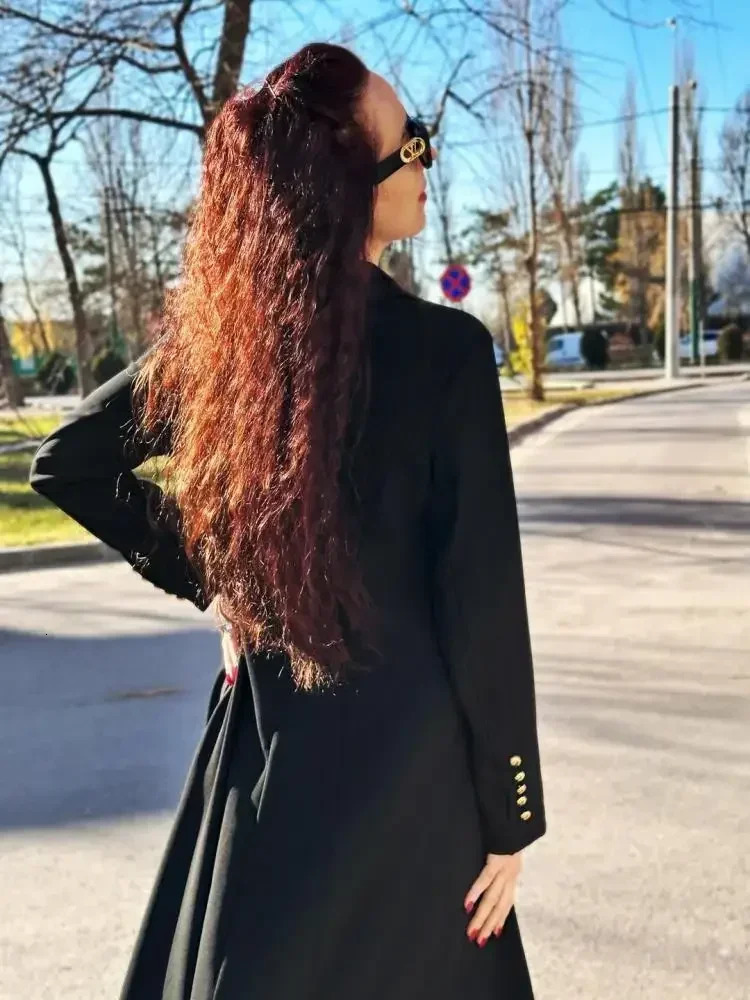 Missuoo Womens Black Extralong Blazer Coat Lapel Vneck Long Sleeves Splitside Elegant Outerwears Fall 251027