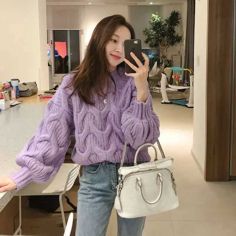 Korean Sweet Lantern Sleeve Oneck Sweater Womens Autumn Winter New Casual Loose Thick Twisted Knit Pullover Elegant KnitwearT251027