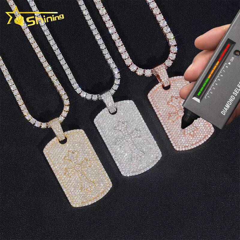 Hot Sale RTS Cross Tag Charm Necklace 925 Sterling Silver VVS Moissanite Pendant Iced Out Diamond Pendant Fine Jewelry