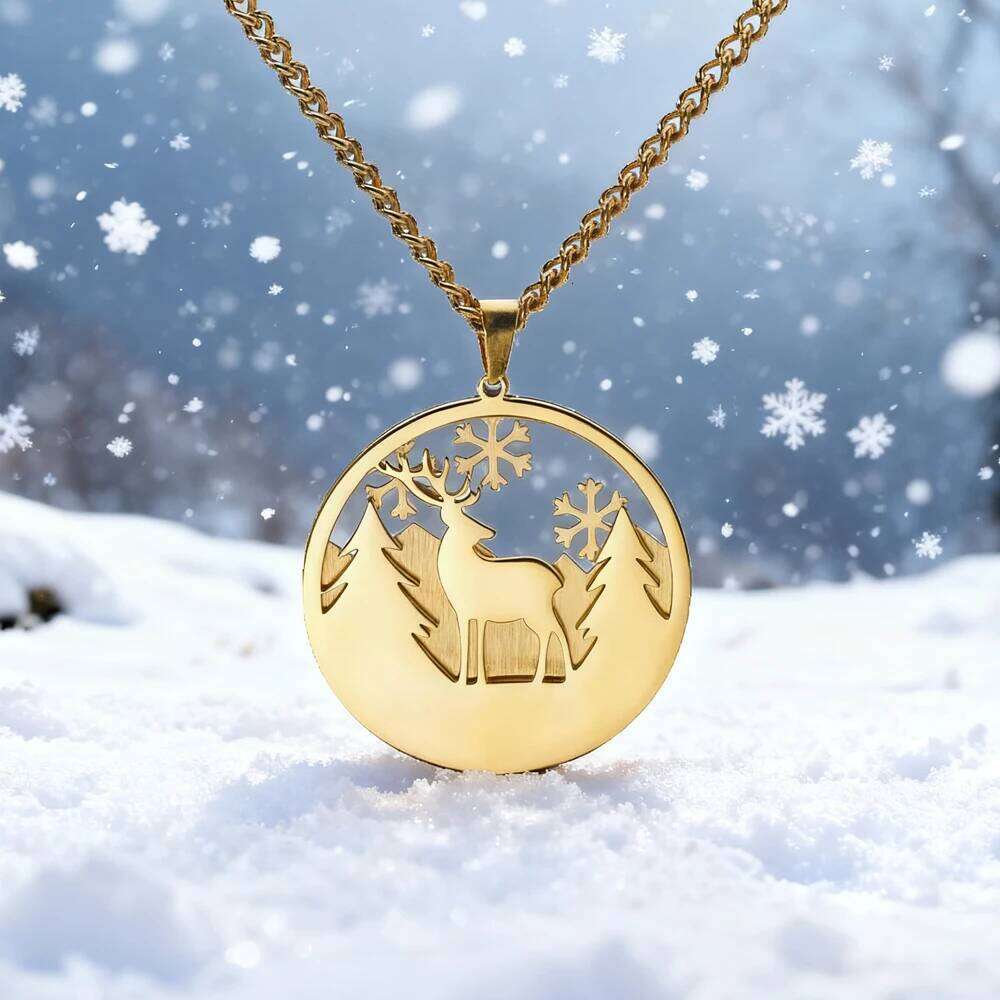 Lemegeton Snow Deer Necklace Stainless Steel Double Pendant Choker Neck Chain Forest Animal Jewelry Couple Christmas Day Gifts