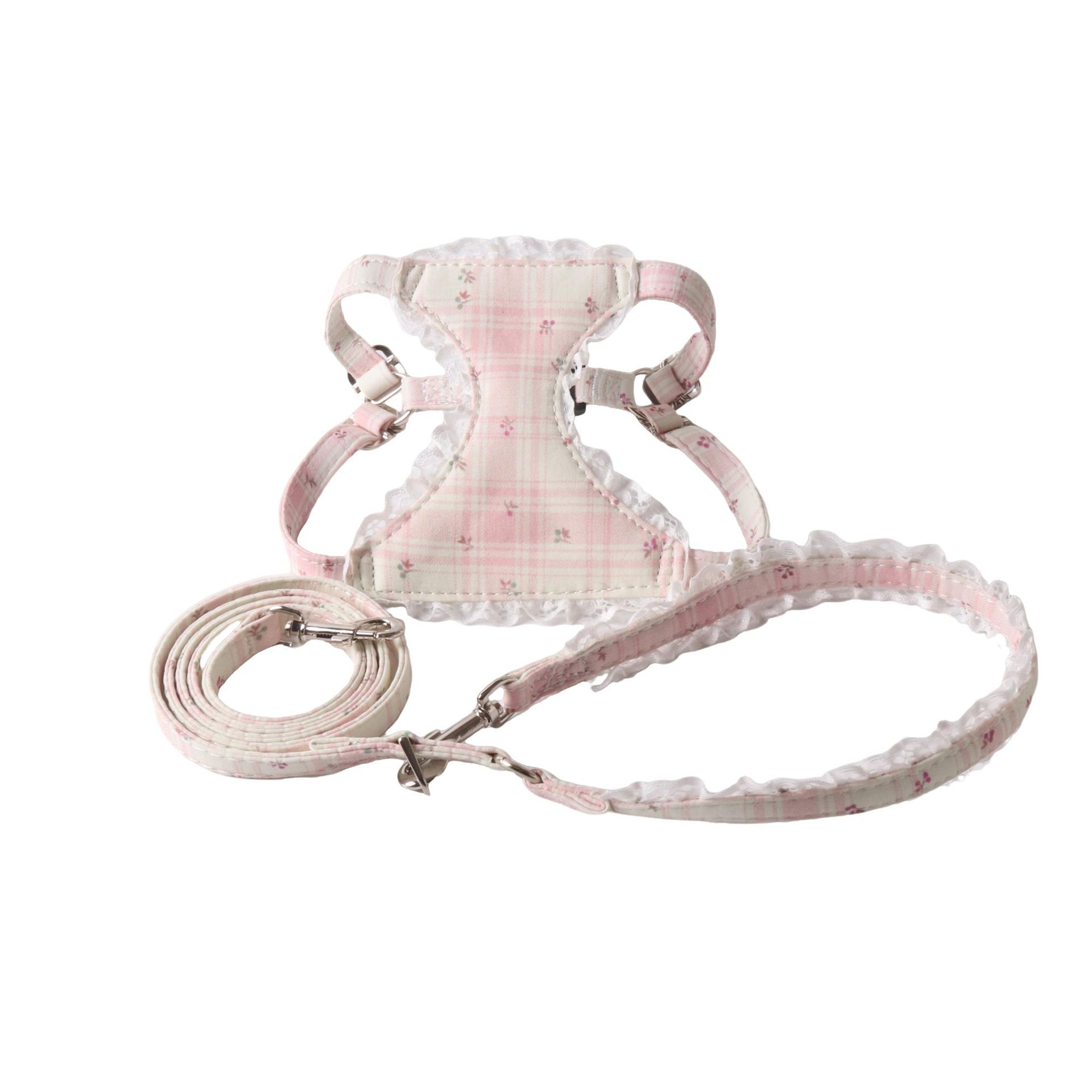 Vintage Plaid Lace Dog Harness and Leash Set, Adjustable Elegant Pet Vest Harness ,Breathable Outdoor Walking Pet Supplies for Small Medium Dogs B156