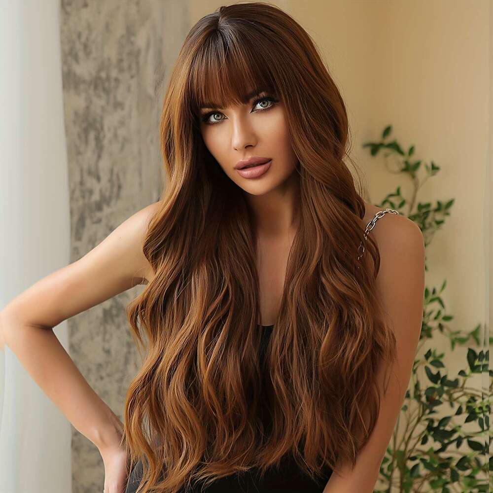 28 Inch Reddish Brown Long Curly Wavy With Bangs Synthetic Body Wave Wigs Women For Daily Costume Party Cosplay Use