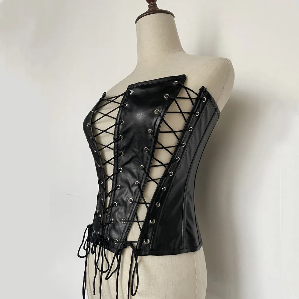 Summer Women Sexy PU Leather Corset Hollow Out Rope TieUp Bustier Crop Tops Sleeveless Backless Corselet Tank Tops Streetwear 251027