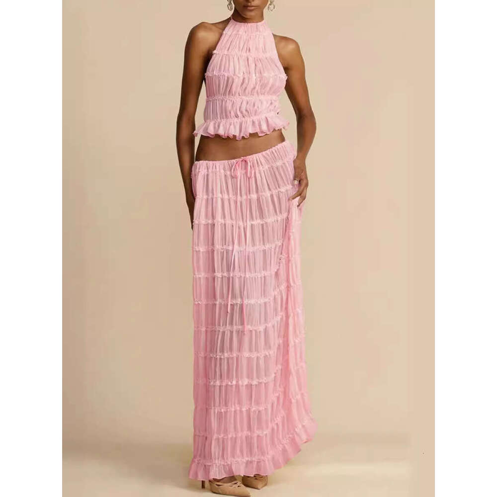 2025 Design Autumn New Sexy Backless Halter Ruched Lace Trim Vest Long Dress Set