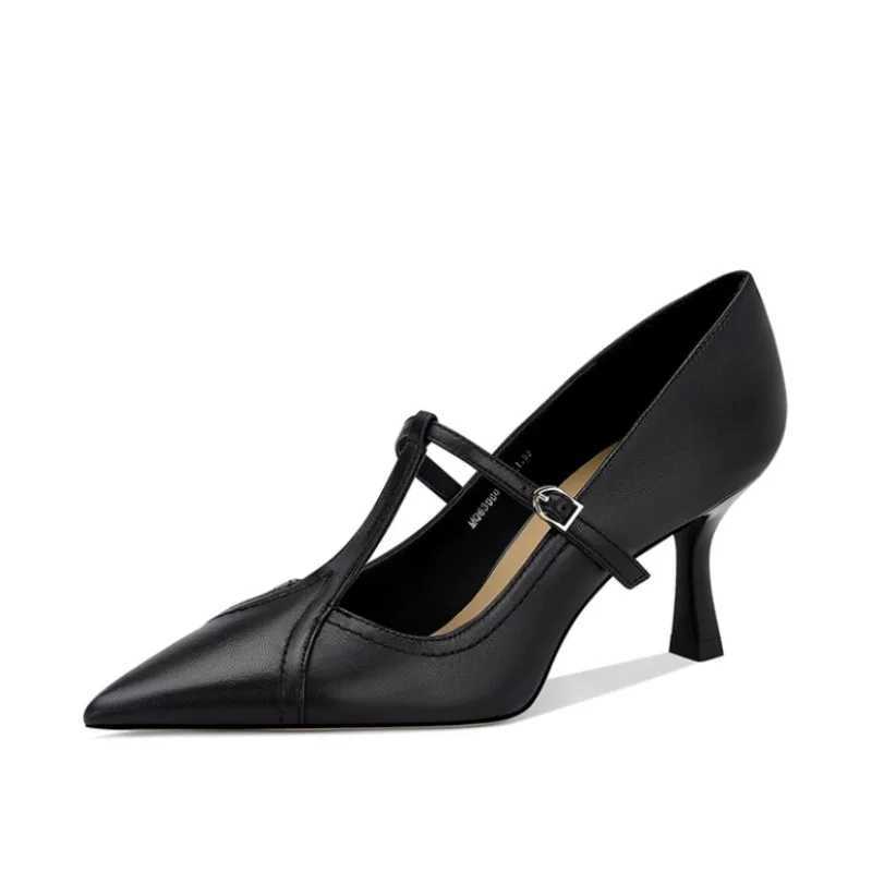 2025 Genuine Leather Office Ladies Pumps Pointed Toe Tstrap Thin High Heels Janes Leather Shoes For Women DressXJ251027