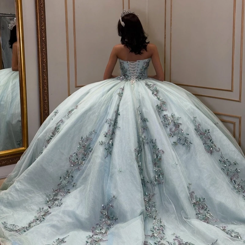 Aqua Blue Quinceanera Dresses Off The Shoulder Sequin Applique Lace Beads Tull Party Birthday Sweet 16 Dress Vestidos 15