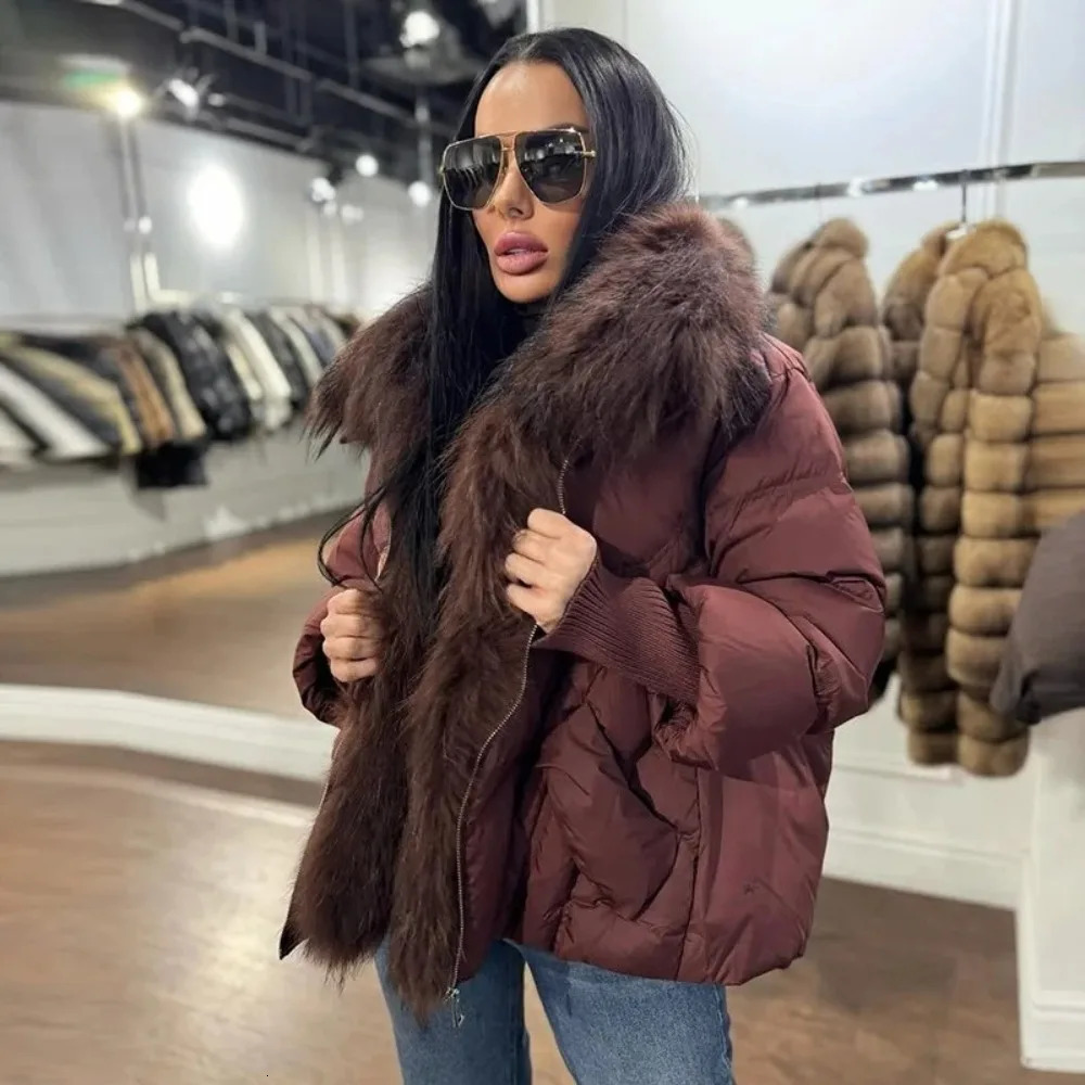 OFTBUY Winter Large Real Raccoon Fur Puffer Coat Women Oversized Feather Down Parka Knit Sleeve White Duck Down Jacket 251023