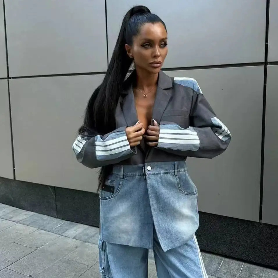 SuperAen Autumn Koreanstyle Fashion Womens Denim Patchwork Notched Singlebutton n Suits High Street Casual Blazers 251027