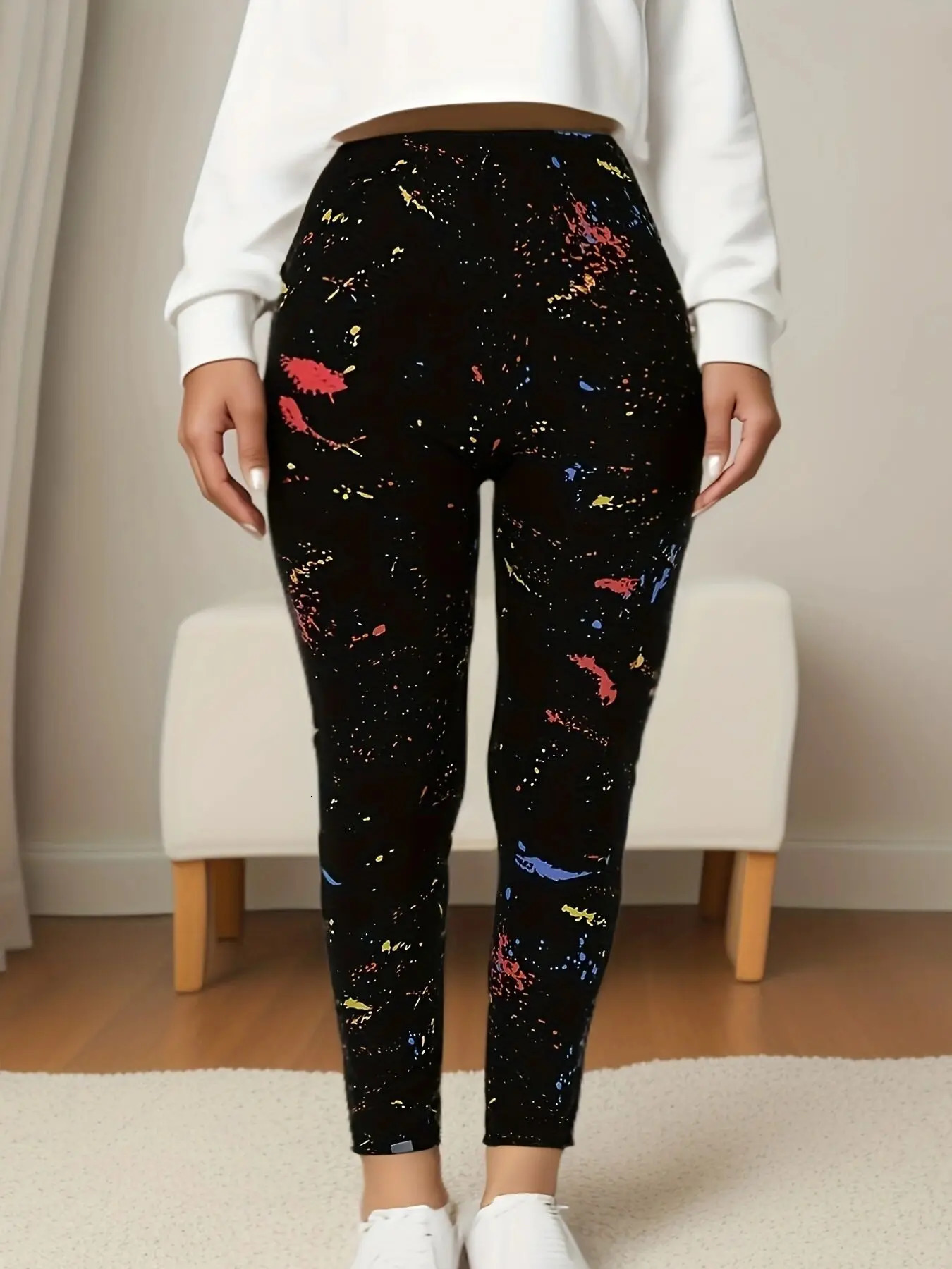 CUHAKCI Black Inkjet Plus Size Sports Tight Womens Leggings High Elasticity Casual Fitness And Ankle Nine Point Pants 251027