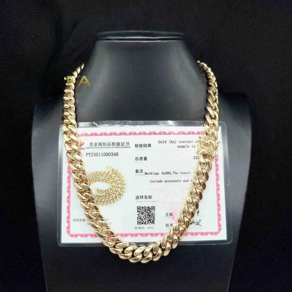 High designer bracelet14k Solid 12mm AU585 Gold Hip Hop Jewelry Rapper Miami Cuban Link Chain Necklace for Men