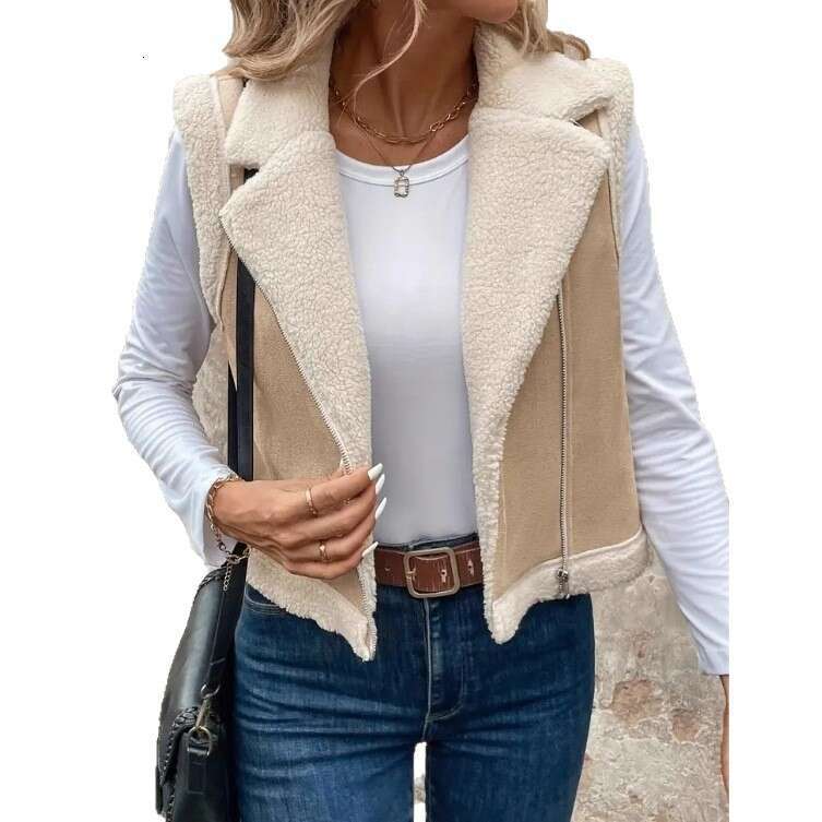Women's Autumn Winter Short Loose Casual Sleeveless Fur-Lined Faux Wool Vest Jacket For Women 1fb3