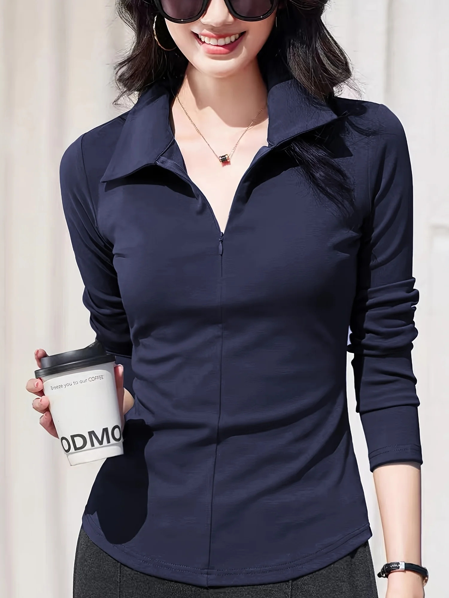 Womens solid color half zipper fashion and leisure long sleeve POLO shirt can be machine washed and dry cleaned 251027