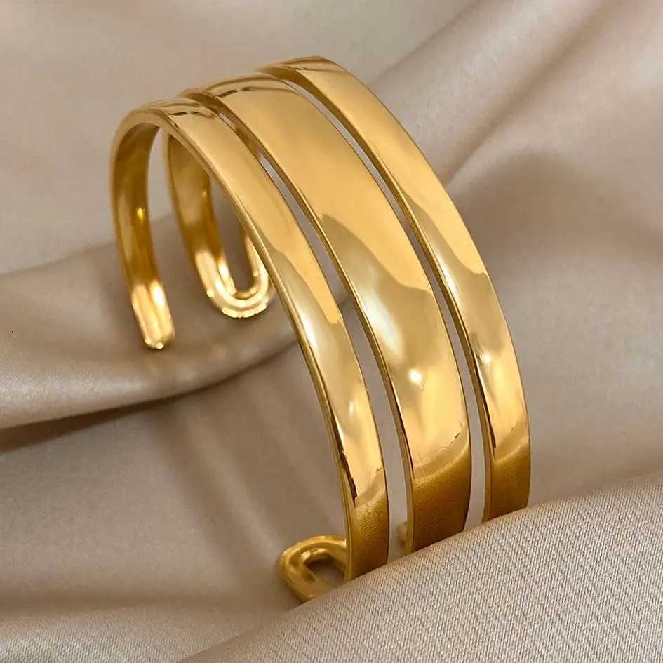 Simp Stainss Steel Gold Plated Chunky Cuff Bracet for Wen Waterproof Jewelry Exaggerated Glossy Smooth Wristband BangsW251027